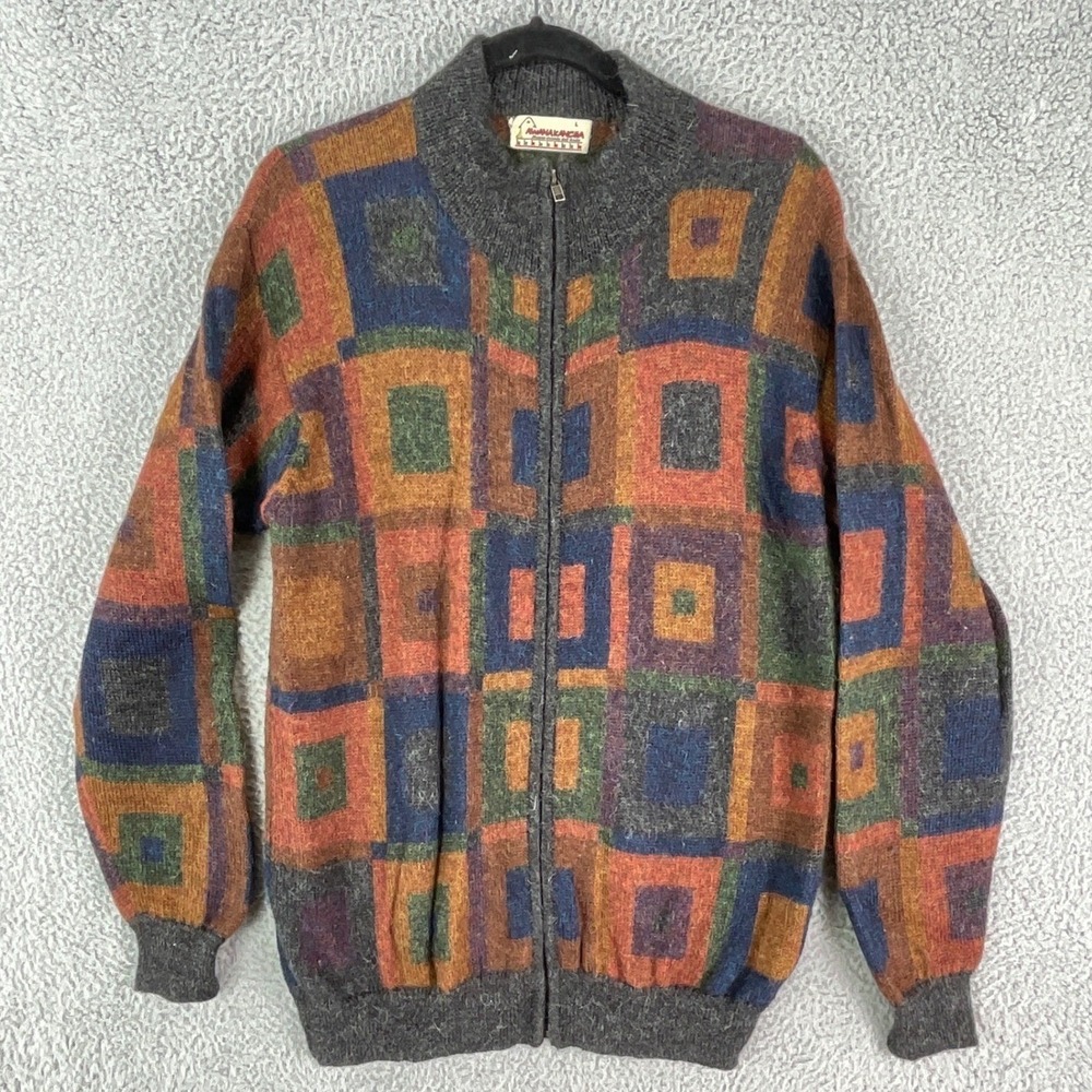 Awanakancha Cardigan Women L Multi Color Baby Alpaca Zip Geometric Peru Sweater